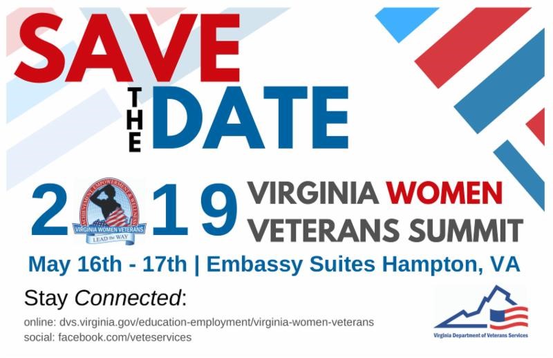 Save-the-Date – Virginia Women Veterans Summit May 16-17, 2019 @ Embassy Suites, Hampton, VA Virginia Women Veterans Summit